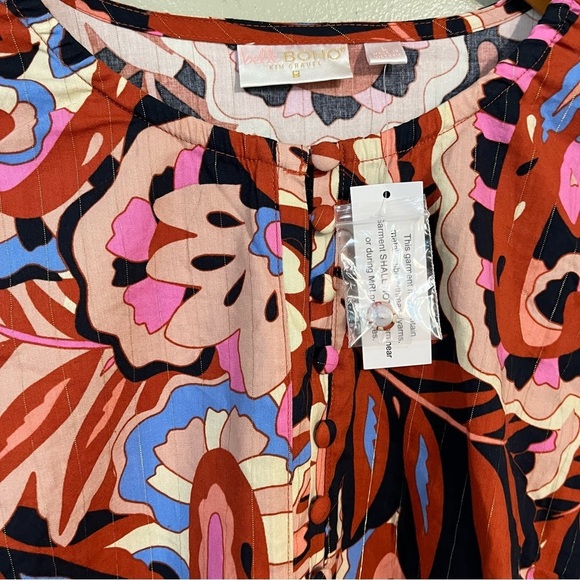 Belle Boho Kim Grauel Floral Red Pink Long Ballon Sleeve Blouse Button L New - Picture 9 of 14